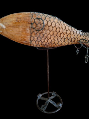 Wood and iron decorative fish sculpture, handmade