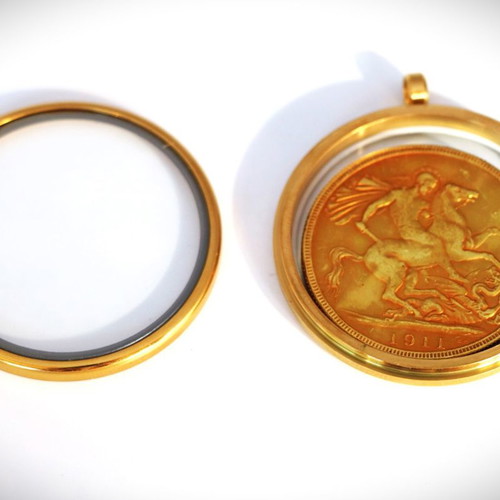 English Gold Pound Pendant 22K Gold Plated in Glass Case