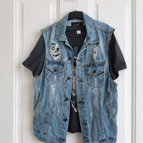 Vagrancy Leon Denim Vest refurbished, size L, distressed stonewashed
