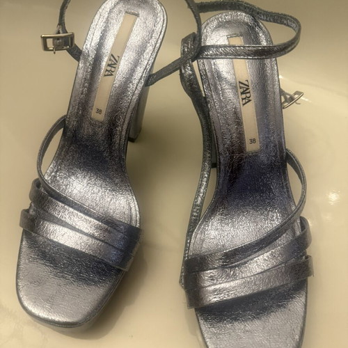 Zara metallic sky blue sandals size 38 like new with thick heel