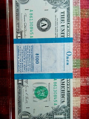 100 One Dollar Bills in Lucite Acrylic Case, Like New