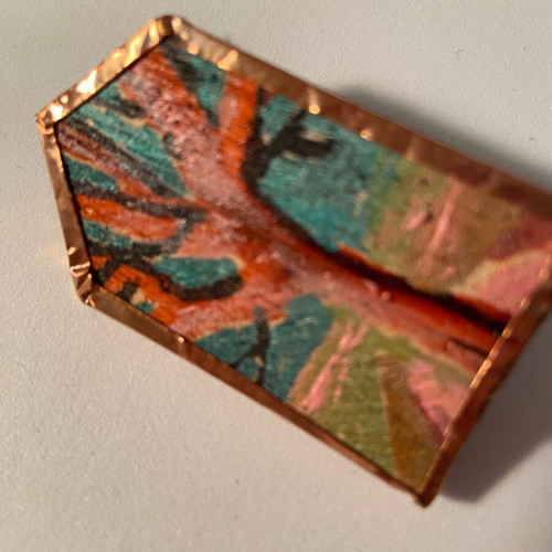 Unique hand-painted pin, wood with copper and leather, new