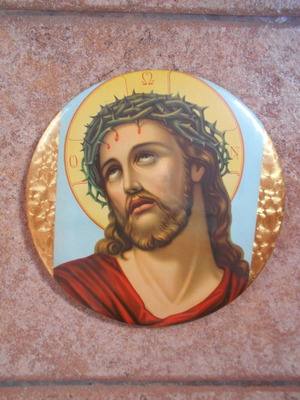 Metal hanging vintage religious icon from 1950, 23 cm diameter, used
