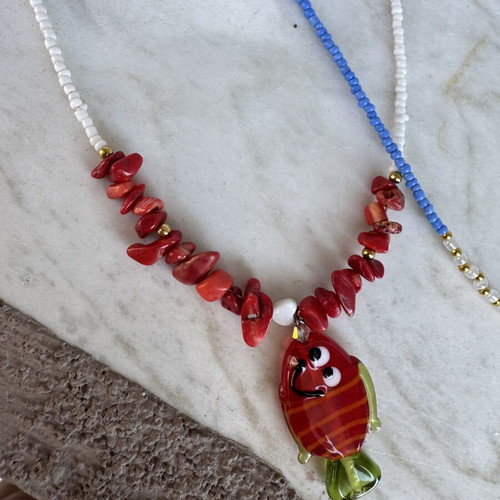 Necklaces with Murano fish and steel octopus, like new, set of 2