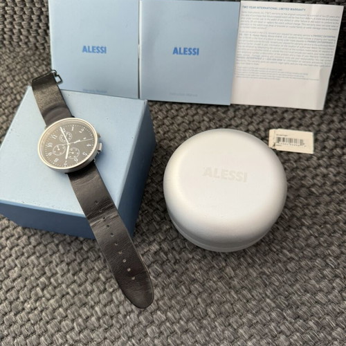 Alessi Record Chronograph AL6021 men's watch quartz black leather strap like new
