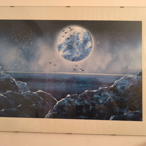 Handmade painting in glass frame like new