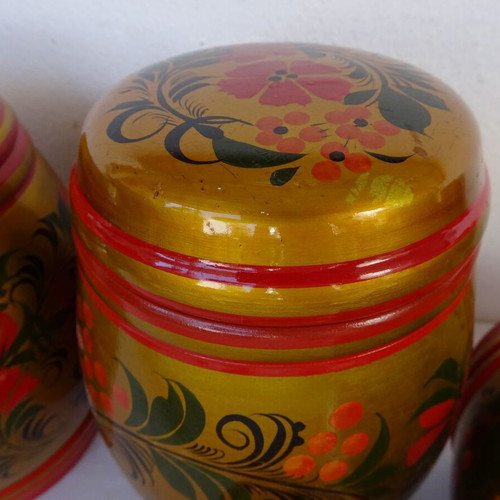Khokhloma jars used, set of 7, wooden, handmade, USSR vintage