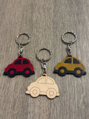 Wooden car keychains new, set of 4 with steel rings