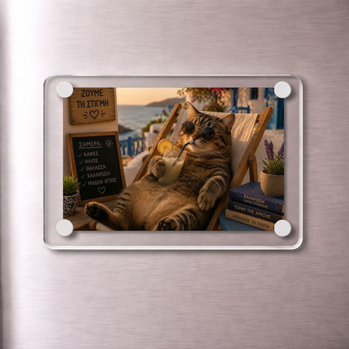 Acrylic fridge magnet "Ζούμε τη στιγμή" new, Summer Cat Vibes