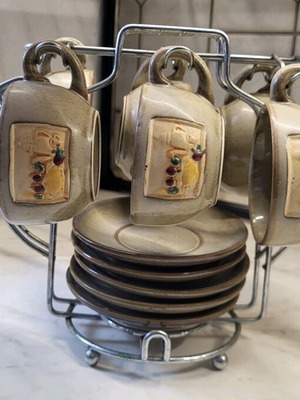 Coffee cup set six with saucers and stand, like new