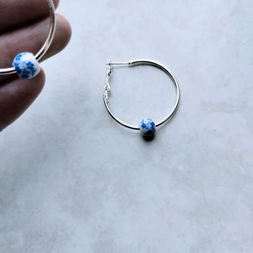 Hoops summer hoopies 4 cm earrings with porcelain blue and white beads like new