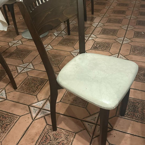 Wooden chair used with beige leather seat dark brown