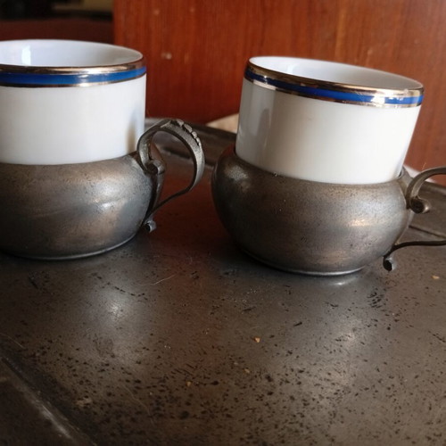 Vintage pewter serving tray with two Italian porcelain cups