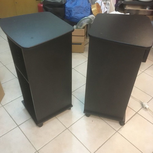Rolling side tables like new, black melamine shelves, set of 2