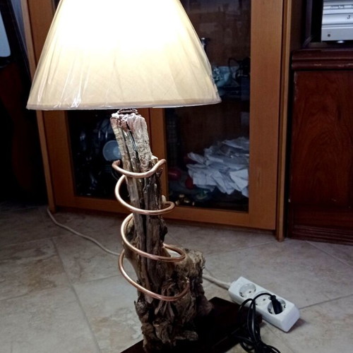 Handmade Driftwood Table Lamp with Copper Spiral and New Lampshade