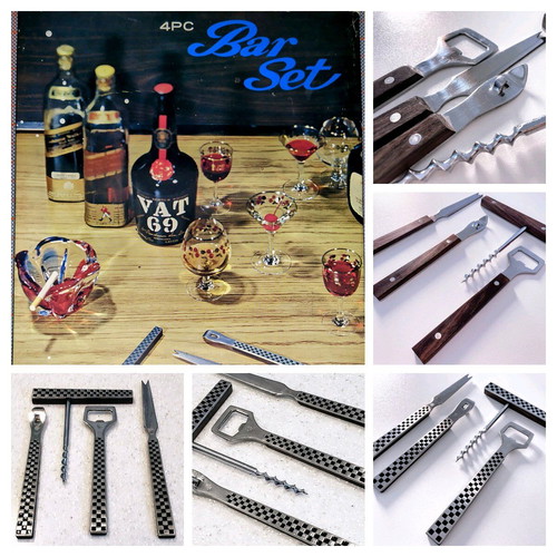Vintage/Retro 60s YAX Bar Set 4 Pieces new Stainless Steel and Teak Wood