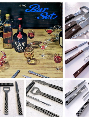 Vintage/Retro 60s YAX Bar Set 4 Pieces new Stainless Steel and Teak Wood