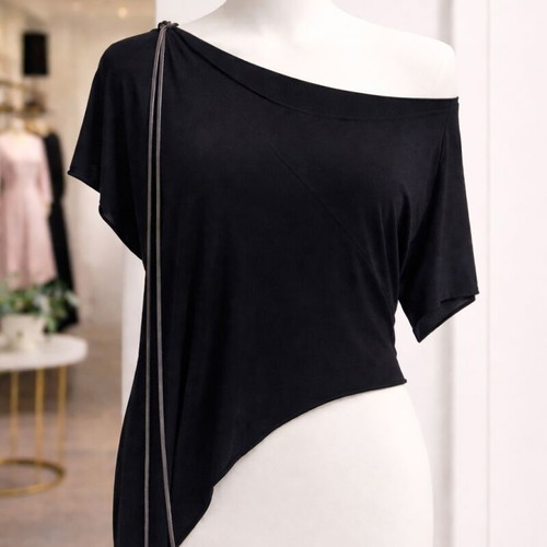 AB/Soul One-Sleeve Avant-Garde Top black like new with leather detail