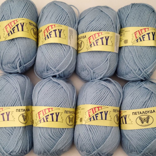 Fifty Fifty Petalouda knitting yarn set of 8, 50% wool 50% acrylic, light blue