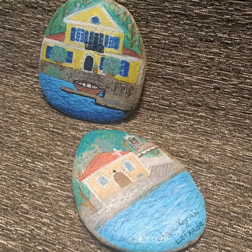 Painted stones new with images from Lefkada, set of 2