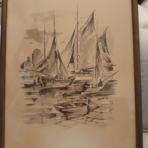 Watercolor painting with sailboats used, signed by D. Ioannou