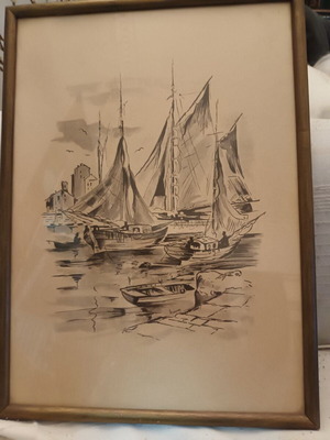 Watercolor painting with sailboats used, signed by D. Ioannou