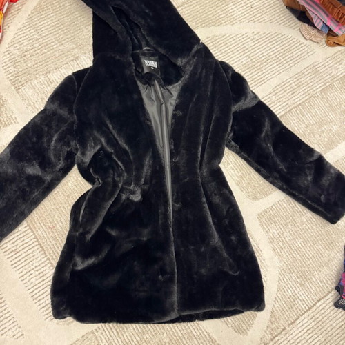 Black synthetic fur coat new, size XS