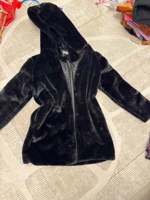 Black synthetic fur coat new, size XS