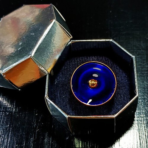 Adjustable ring new, steel, gold color with blue enamel