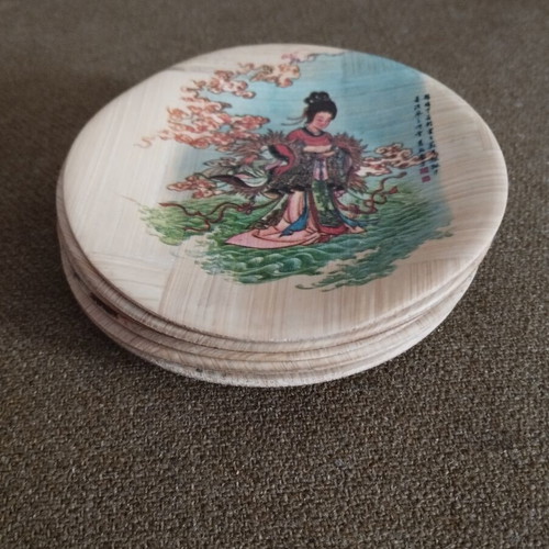 Vintage bamboo decorative plates set of 6, 11cm, like new