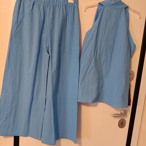 Women's set linen top and wide-leg pants new, blue sky
