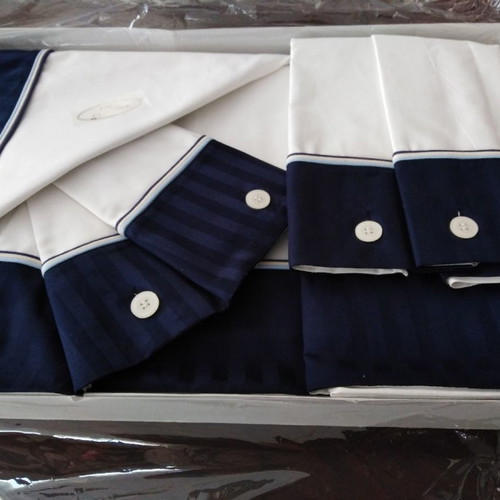 Italian double bed sheets set 100% cotton without elastic with dark blue stripe