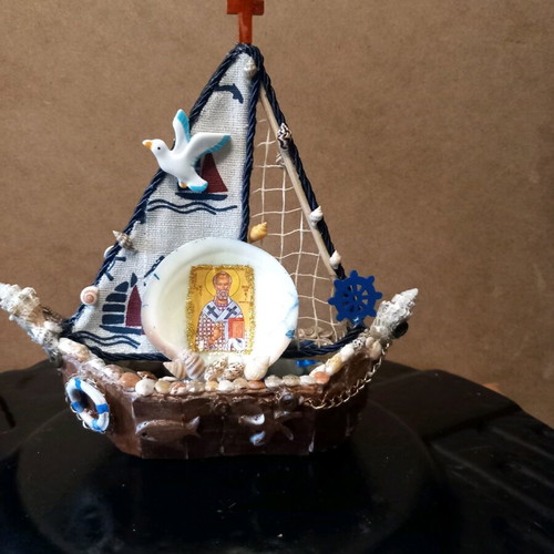 Handmade ship like new with shells and Saint Nicholas icon