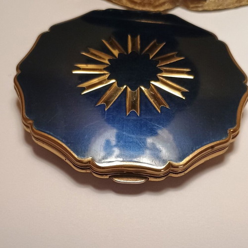 Vintage Stratton powder case used with mirror, blue and gold enamel