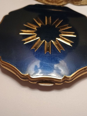 Vintage Stratton powder case used with mirror, blue and gold enamel
