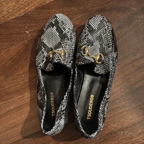 Tsouderos loafers snake print new, size 39, black and grey