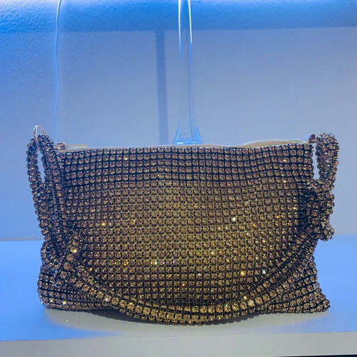 Evening shoulder bag new, gold with rhinestones