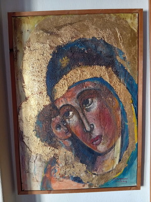 Relief Panagia like new, crafted with sand and gold leaf