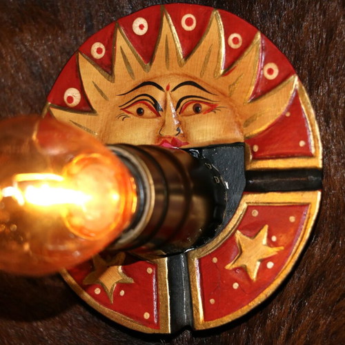 Sun Antique Lamp with Teak Wood Base and Warm Yellow Light