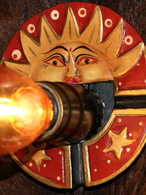 Sun Antique Lamp with Teak Wood Base and Warm Yellow Light