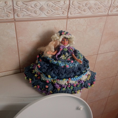Handmade knitted dress and hat set for doll, bathroom decor