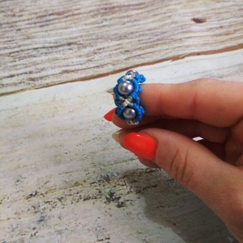 Macrame ring, handmade, blue and silver