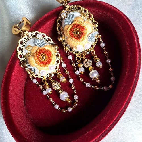 Handmade embroidered vintage earrings with yellow flower and pearls