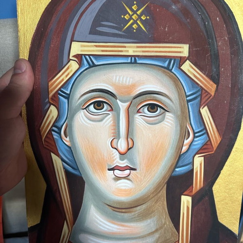 Handmade icon of Virgin Mary on canvas