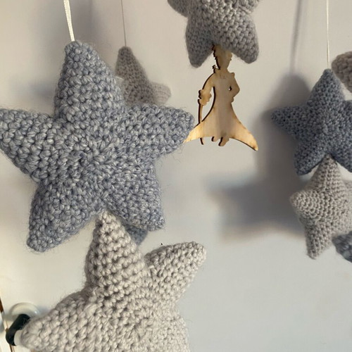 Handmade musical baby mobile with little prince and blue stars used