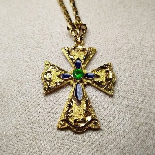 Handmade 14K Yellow Gold Orthodox Cross with Certified Tsavorite Garnet, New