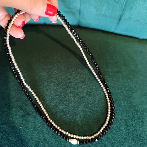 Set of 2 Handmade Necklaces with Black Spinel and Silver Hematite New