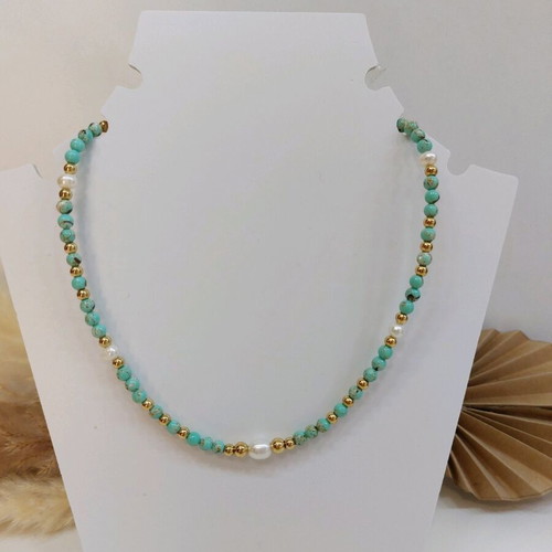 Handmade necklace with nephrite semi-precious stones, pearls and stainless steel new