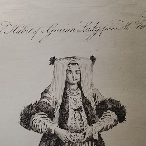 Copper engraving used, bridal dress of Greek lady with wedding customs description