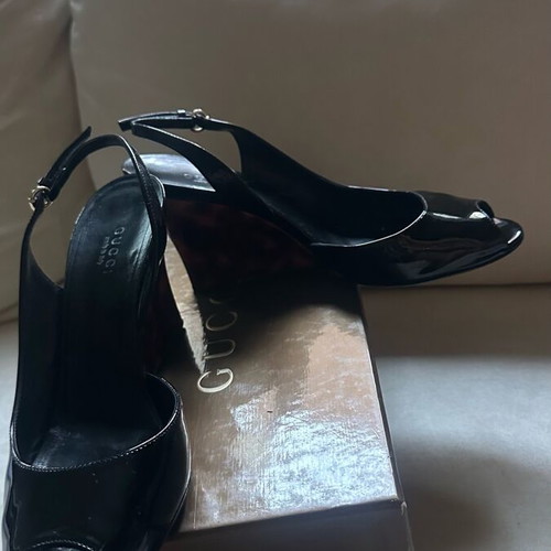 Gucci peep-toe wedge sandals used, black patent leather, size 37.5